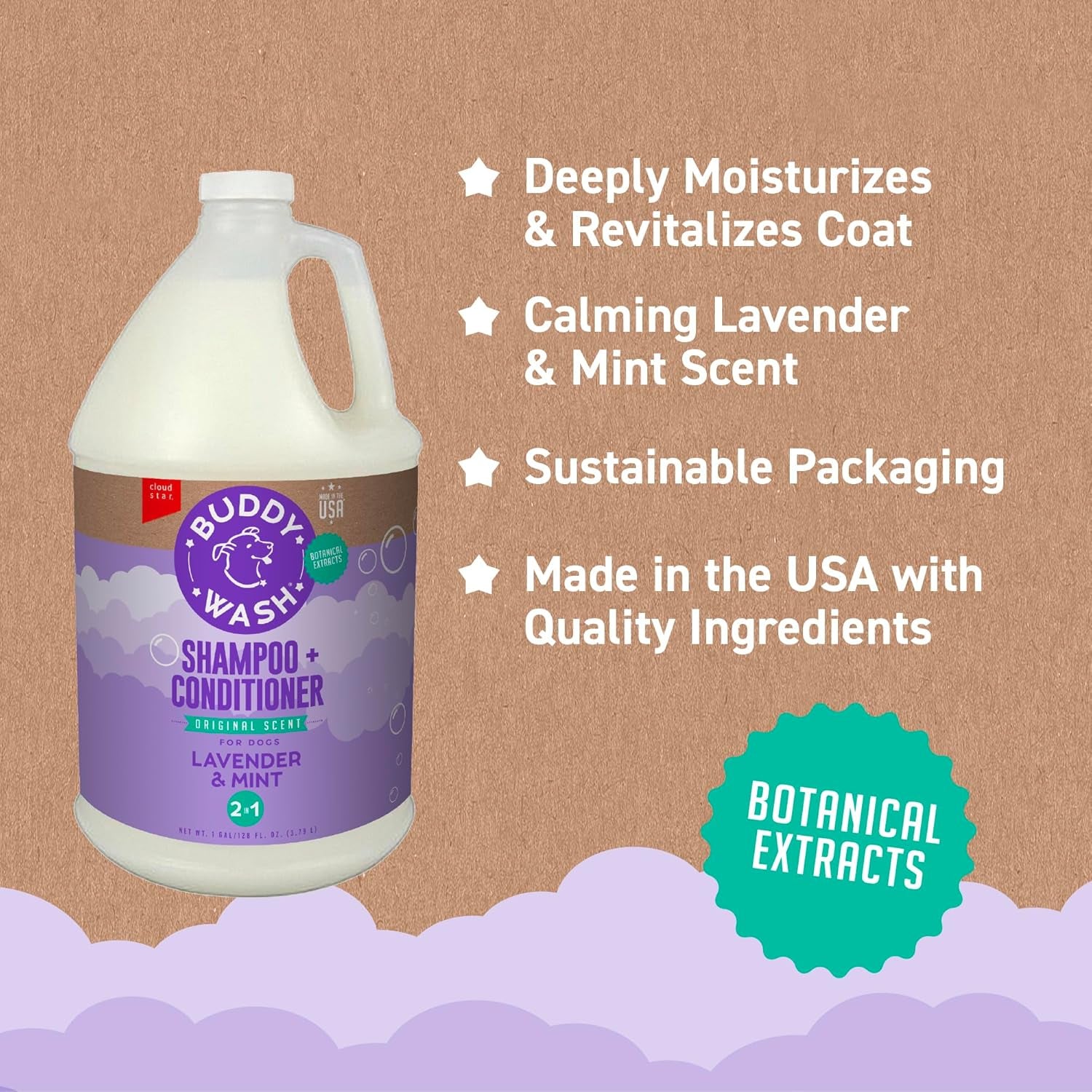 Buddy Wash 2-in-1 Lavender & Mint Dog Shampoo and Conditioner for Grooming, 1 Gallon Bottle