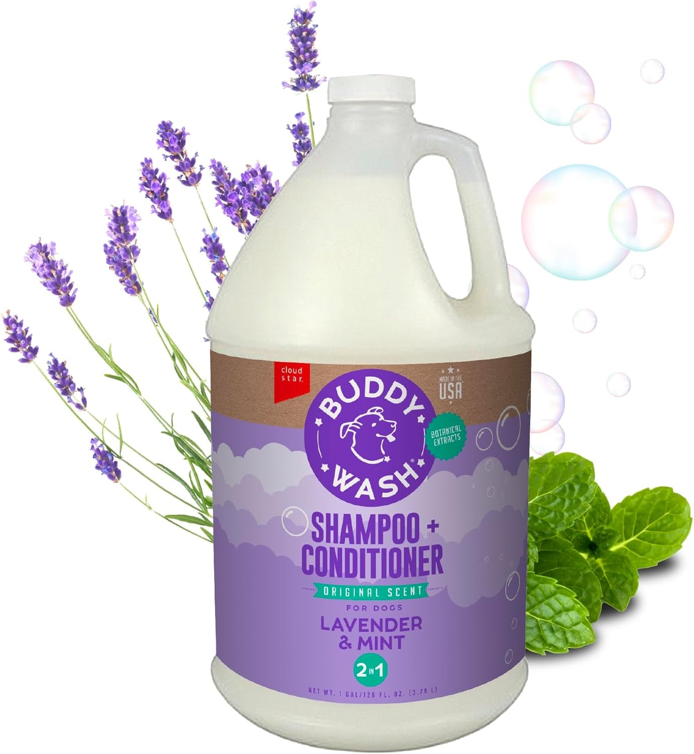 Buddy Wash 2-in-1 Lavender & Mint Dog Shampoo and Conditioner for Grooming, 1 Gallon Bottle