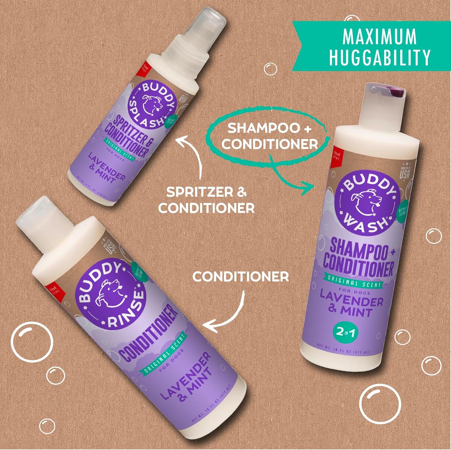 Buddy Wash 2-in-1 Lavender & Mint Dog Shampoo and Conditioner for Grooming, 1 Gallon Bottle